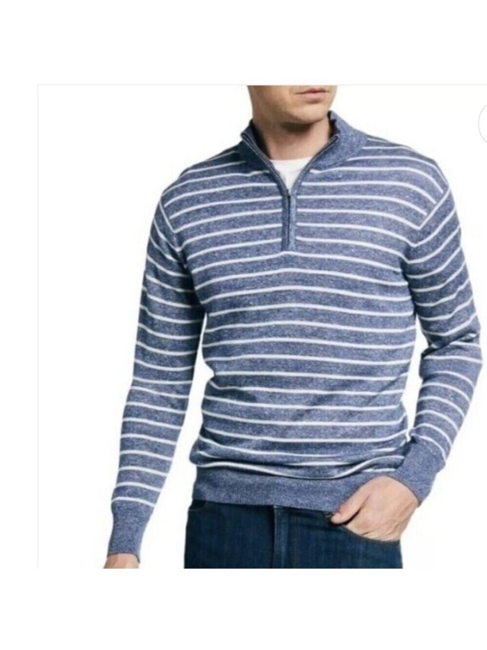 Peter Millar Merino Wool Linen Blend Striped 1/4 Zip Knit Sweater Size XL EUC